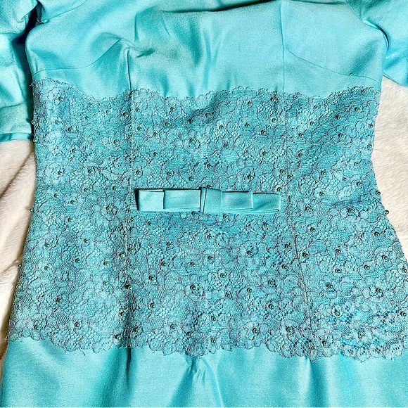#D3 Vintage Alfred Werber Tiffany Blue Beaded & Lace Detail Cocktail Dress - Picture 3 of 7